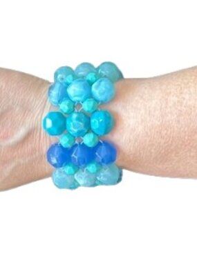 Blue Acrylic Beaded Cuff Bracelet Turquoise Chunky Stretch 2” Wide